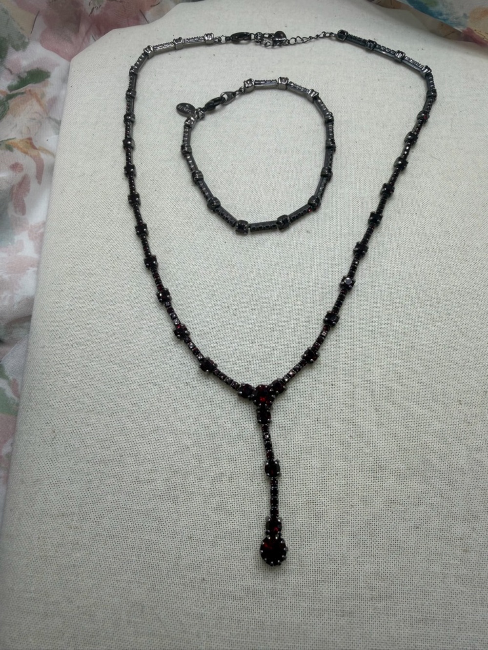 Vintage Carolee Black and Red Crystal Y-Drop Necklace with Matching Bracelet